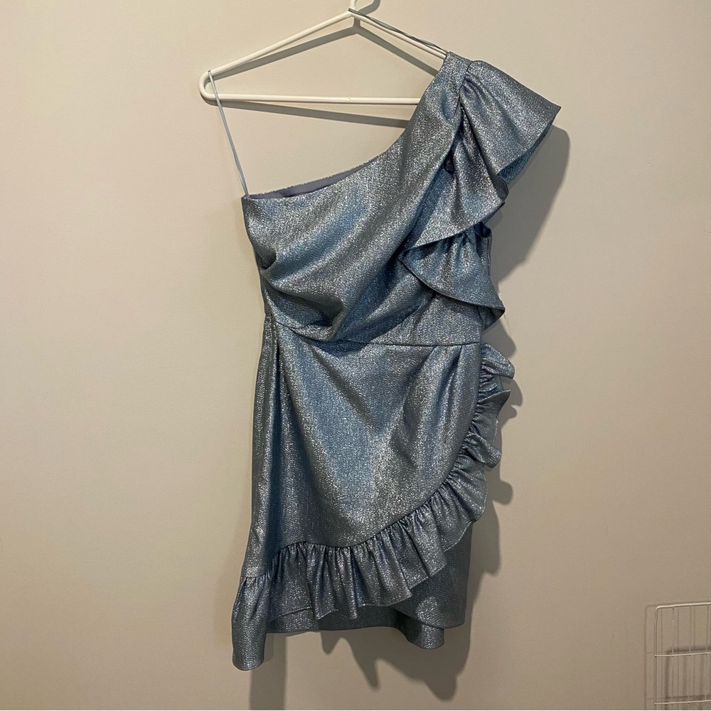 Topshop Sparkly Blue Over One Shoulder Ruffle Dress
